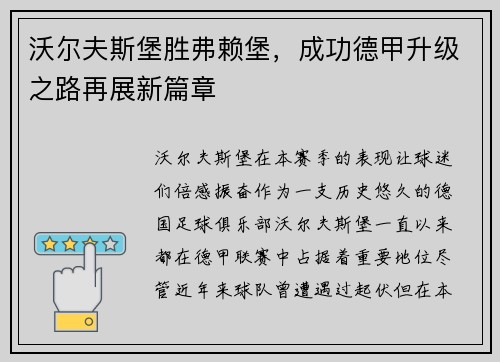 沃尔夫斯堡胜弗赖堡，成功德甲升级之路再展新篇章